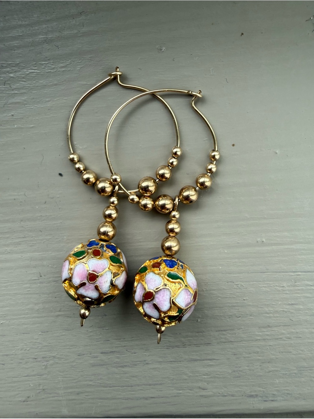 Vintage Cloisonné Earrings 10k Gold